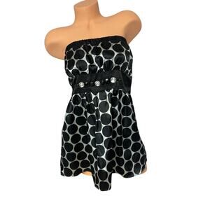 Y2K Vintage Vanity Gray/Black Polka Dot Satin Strapless Babydoll Top L
